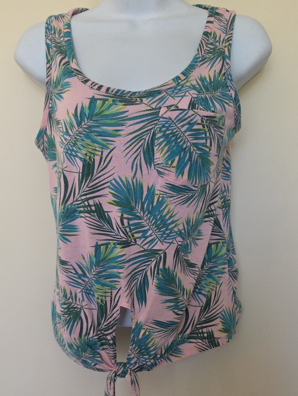 Rebellious One Pink Tropical Tie-Front Tank with Green Blue Leaf Print